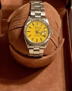 ROLEX DATE 1501 ENGINE TURNED BEZEL YEAR 1966 RARE YELLOW DIAL