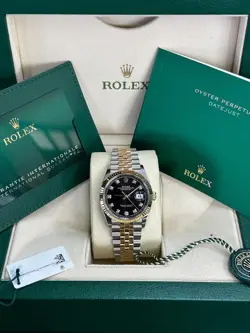 ROLEX STEEL & YELLOW GOLD DATEJUST 36 MM - FLUTED BEZEL - BLACK DIAMOND DIAL.