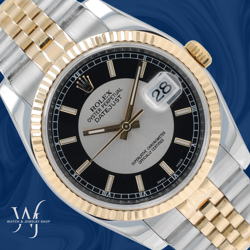 ROLEX MENS DATEJUST 36 TWO TONE TUXEDO DIAL FLUTED SUPER JUBILEE BRACELET 116233