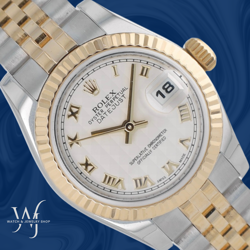 ROLEX LADIES DATEJUST 26 W/ CARD IVORY PYRAMID ROMAN DIAL FLUTED JUBILEE 179173