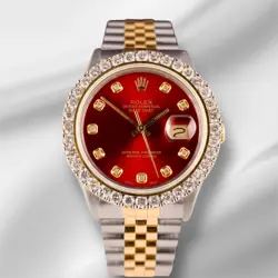 ROLEX MEN'S DATEJUST 36MM YG & STEEL ICED 2.50CT DIAMONDS RED DIAL WATCH