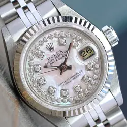 ROLEX LADIES DATEJUST STEEL WHITE MOP DIAMOND DIAL FLUTED BEZEL 26MM WATCH