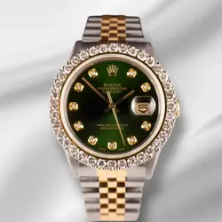 ROLEX MEN'S DATEJUST 36MM YG & STEEL ICED 2.50CT DIAMONDS GREEN DIAL WATCH