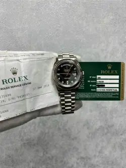 ROLEX DAY-DATE 218239 WITH CARD 41MM 18K WHITE GOLD BLACK DIAL PRESIDENT BANDS