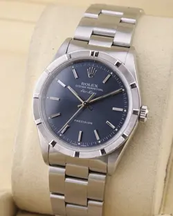1996 VINTAGE ROLEX AIR KING PRECISION 14010 WATCH BLUE DIAL, BOX & PAPERS