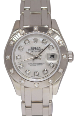 ROLEX DATEJUST PEARLMASTER 18K WHITE GOLD MOP DIAMOND LADIES 29MM WATCH K 80319