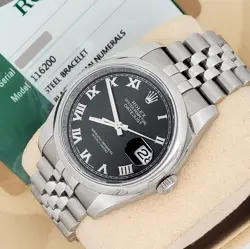 ROLEX DATEJUST 36MM BLACK ROMAN DIAL JUBILEE STEEL WATCH 116200 BOX PAPERS