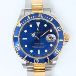 2008 ROLEX 16613T SUBMARINER 40MM 18K YELLOW GOLD STEEL BLUE DIAL NO HOLES WATCH