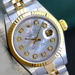 ROLEX LADIES DATEJUST 18KY & SS 69173 WATCH MOTHER OF PEARL DIAMOND DIAL.