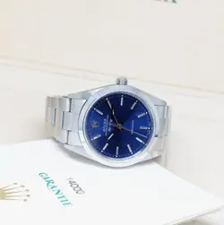 ROLEX OYSTER PERPETUAL AIR-KING 14000 BLUE DIAL 34MM ORIGINAL PAPERS AND STICKER