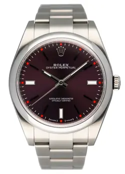 ROLEX OYSTER PERPETUAL 114300 RED GRAPE DIAL MENS WATCH BOX PAPERS