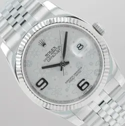 ROLEX DATEJUST 36 STEEL SILVER FLORAL ARABIC DIAL FLUTED BEZEL JUBILEE 116234