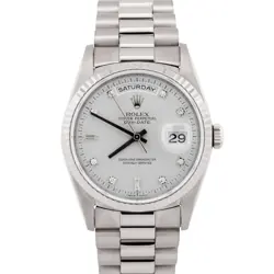 ROLEX DAY-DATE PRESIDENT FACTORY DIAMOND 18K WHITE GOLD SILVER 36MM WATCH 18239