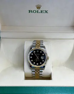 ROLEX DATEJUST 36MM - T/T YG JUBILEE BRACELET (NO CLASP) - BLACK DIAMOND DIAL.