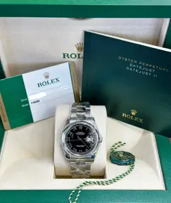 ROLEX DATEJUST 36MM - SS OYSTER BRACELET - SMOOTH BEZEL - BLACK ROMAN DIAL.