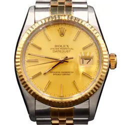 MENS ROLEX TWO-TONE 18K/SS DATEJUST WATCH CHAMPAGNE DIAL 16013 W/ SERVICE CARD
