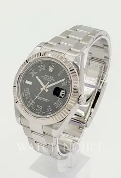 PRE-OWNED ROLEX DATEJUST II 41MM BLACK ROMAN DIAL STAINLESS STEEL WATCH 116334