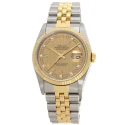 ROLEX DATEJUST 10P DIAMOND CHAMPAGNE HOUNDSTOOTH WATCHES 16233G STAINLESS ST...