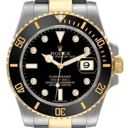 ROLEX SUBMARINER STEEL YELLOW GOLD BLACK DIAMOND DIAL MENS WATCH 116613 BOX CARD