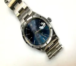 ROLEX DATE STAINLESS STEEL BLUE DIAL ENGINE-TURN 34MM AUTOMATIC WATCH 15210