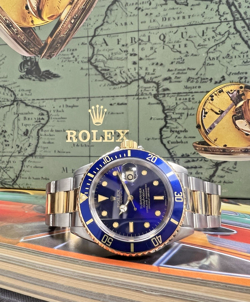 MENS ROLEX SUBMARINER 18K GOLD STEEL BLUE DIAL  40MM WATCH 16613 C. 1990 BLUESY