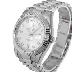 ROLEX DAY-DATE II 41MM NOS WHITE GOLD SILVER DIAMOND DIAL & FLUTED BEZEL 218239