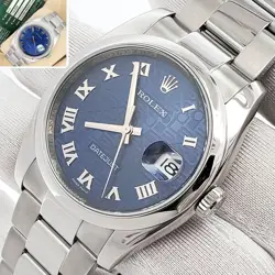 ROLEX DATEJUST 36MM BLUE JUBILEE ROMAN DIAL STEEL WATCH 116200 BOX PAPERS