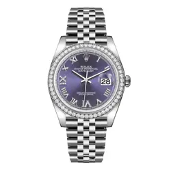 ROLEX DATEJUST 36 WATCH 36MM PURPLE ROMAN NUMERALS DIAL STAINLESS STEEL