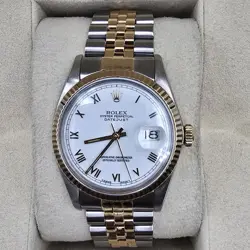 ROLEX DATEJUST 36MM WHITE ROMAN FLUTED TWO-TONE 18K YELLOW GOLD JUBILEE 16013