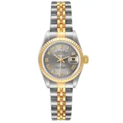 ROLEX DATEJUST STEEL YELLOW GOLD SLATE ROMAN DIAL LADIES WATCH 69173