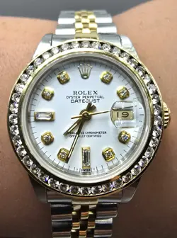 ROLEX 69173 TWO TONE DATEJUST LADIES CUSTOM DIAMOND DIAL & BEZEL STUNNING WATCH