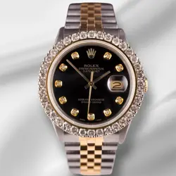 ROLEX DATEJUST 36MM YG/STEEL 2.50CT DIAMONDS BLACK DIAL HIDDEN CLASP WATCH