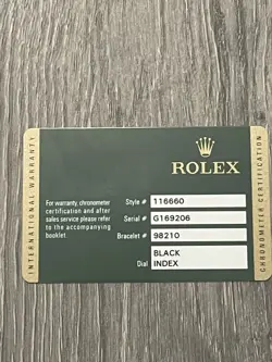 GENUINE ROLEX 116660 GUARANTEE WARRANTY CERTIFICATE 2012 !
