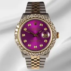 ROLEX DATEJUST 36MM YG/STEEL 2.50CT DIAMONDS PURPLE DIAL HIDDEN CLASP WATCH