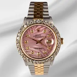 ROLEX MENS DATEJUST 36MM 18K YG & STEEL ICED 2.25CT DIAMOND PINK PALM DIAL WATCH