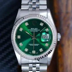 ROLEX MENS DATEJUST 18KW GOLD & STEEL GREEN DIAL FLUTED BEZEL 36MM WATCH 16234