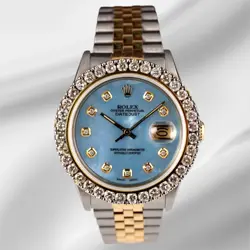 ROLEX MENS DATEJUST 36MM 18K YG & STEEL ICED 2.25CT DIAMOND BLUE MOP DIAL WATCH