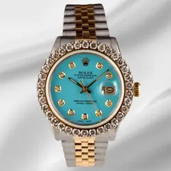 ROLEX MENS DATEJUST 36MM 18K YG & STEEL ICED 2.25CT DIAMOND BABY BLUE DIAL WATCH
