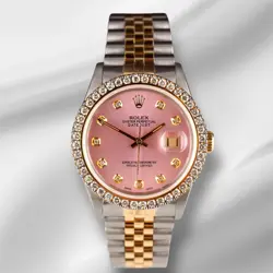 ROLEX MEN'S DATEJUST 36MM YG & STEEL ICED 2.25CT DIAMONDS PINK DIAL WATCH