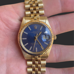 ROLEX OYSTER PERPETUAL DATE 15037 BLUE DIAL SOLID 14K YELLOW GOLD WATCH JUBILEE