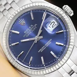 ROLEX MENS DATEJUST BLUE DIAL FLUTED BEZEL 18K WHITE GOLD STAINLESS STEEL WATCH