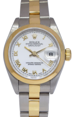 ROLEX DATEJUST 18K YELLOW GOLD/STEEL WHITE DIAL LADIES 26MM WATCH +PAPER T 69163