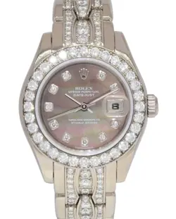 ROLEX DATEJUST PEARLMASTER 18K WHITE GOLD DIAMOND MOP LADIES 29MM WATCH K 80299