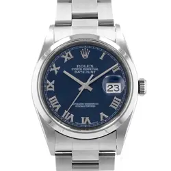 ROLEX DATEJUST 36 16200 BLUE ROMAN STAINLESS STEEL SMOOTH OYSTER MENS WATCH 1999