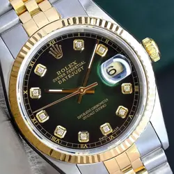 MENS ROLEX DATEJUST 18K YELLOW GOLD STAINLESS STEEL GREEN DIAL 36MM WATCH 16233