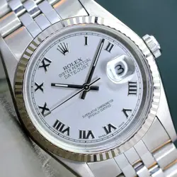ROLEX MENS DATEJUST 18KW GOLD & STEEL SILVER DIAL FLUTED BEZEL 36MM WATCH 16234