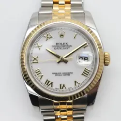 2000'S ROLEX DATEJUST 116233 36MM 18K YELLOW GOLD STEEL WHITE ENAMEL DIAL WATCH