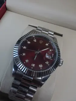 ROLEX DATEJUST 16014 RED DIAMOND DIAL 36MM WATCH 18K GOLD FLUTED BEZEL JUBILEE