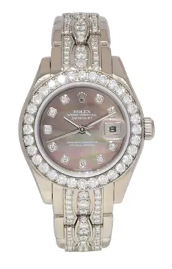 ROLEX DATEJUST PEARLMASTER 18K WHITE GOLD DIAMOND BLACK MOP 29MM WATCH K 80299