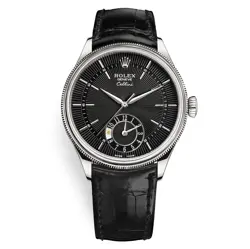 ROLEX CELLINI 50529 BLACK DIAL LEATHER STRAP DUAL TIME 39MM WATCH